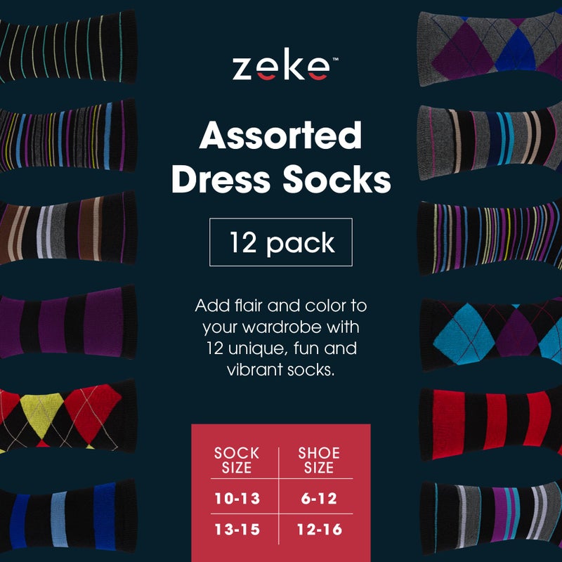 ZEKE Mens Cotton Blend Dress Socks - 12 Pairs of Asstd Patterns and Colors - by ZEKE,Assorted Colors,One Size Fits Most - Image 3